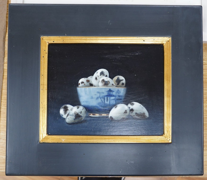 From the Studio of Fred Cuming. Jacqueline Taber (b.1946), oil on board, Still life of eggs, unsigned, inscribed verso, 19 x 24cm. Condition - good